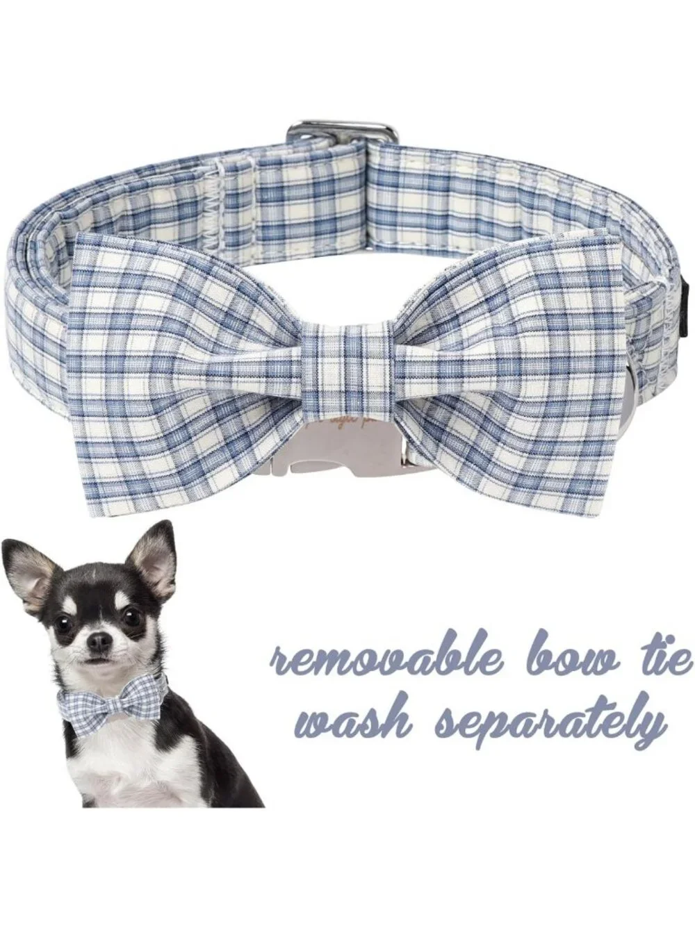 Stylish Cotton Dog Collar with Bow - Blue & White Grid for Small to Large Dogs